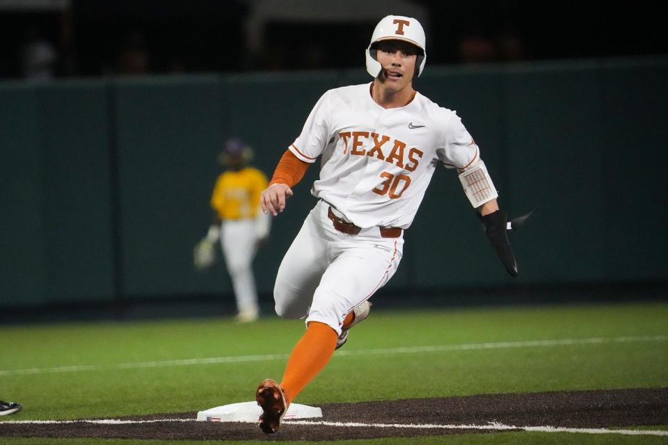 Texas outfielder Eric Kennedy rounds third base during the Feb. 28 loss to LSU. The Longhorns next three opponents all will be formidable challenges: a three-game series with No. 14 Texas Tech this weekend, a midweek game at No. 21 Texas A&M on Tuesday and a series at No. 20 Oklahoma State next weekend.