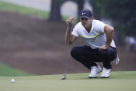 Brooks Koepka lines up a putt on the 11th hole during the first round of the Wyndham Championship golf tournament at Sedgefield Country Club on Thursday, Aug. 13, 2020, in Greensboro, N.C. (AP Photo/Chris Carlson)