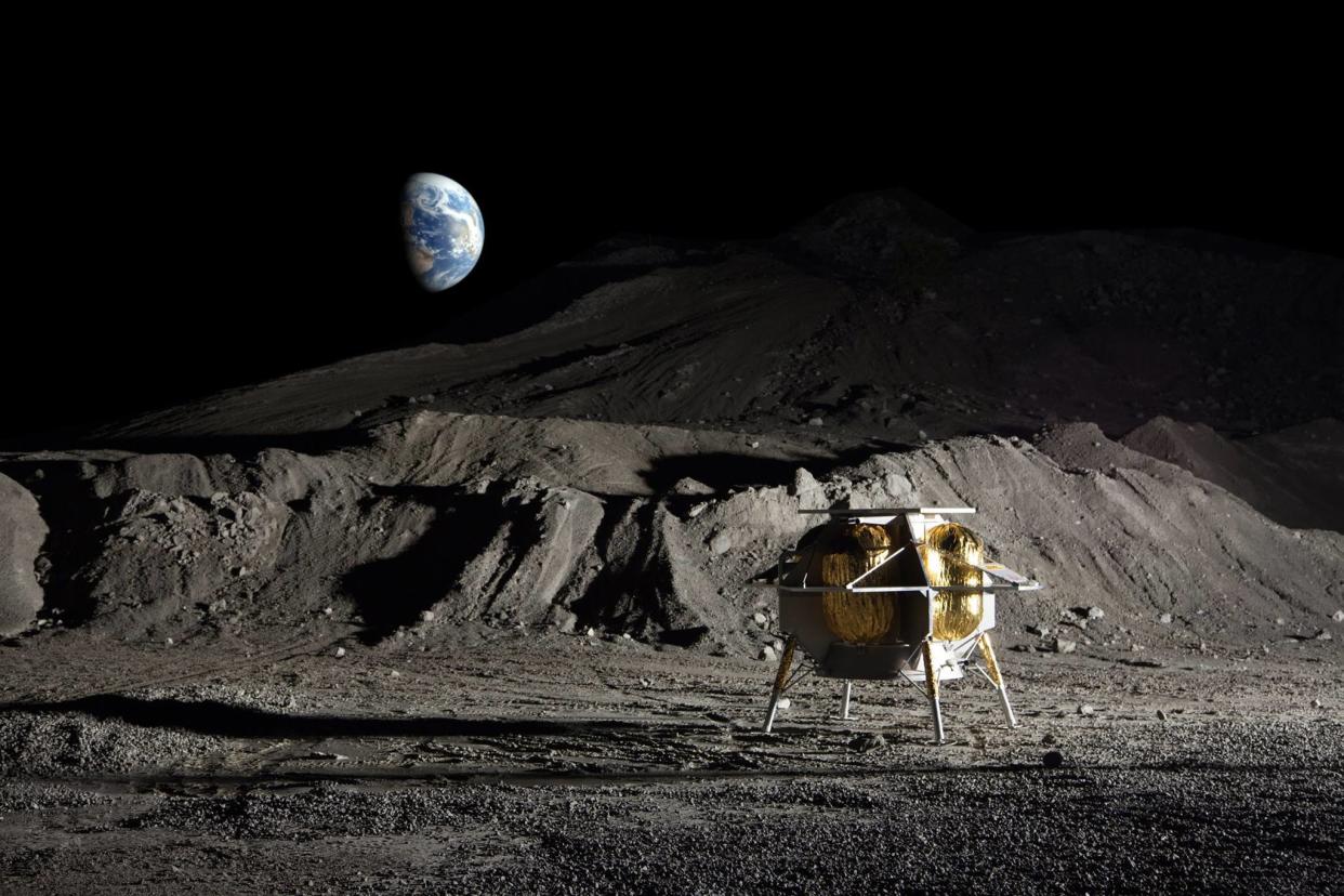  Artist's illustration of Astrobotic's Peregrine lander on the surface of the moon. 