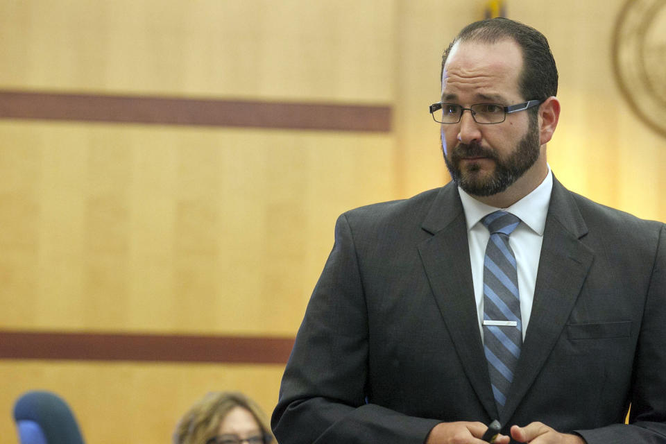 Deputy District Attorney Dan Owens gives his opening statement to the jury on the opening day of former NFL football player Kellen Winslow Jr.'s rape trial, Monday, May 20, 2019, in Vista, Calif. (John Gibbins/The San Diego Union-Tribune via AP, Pool)