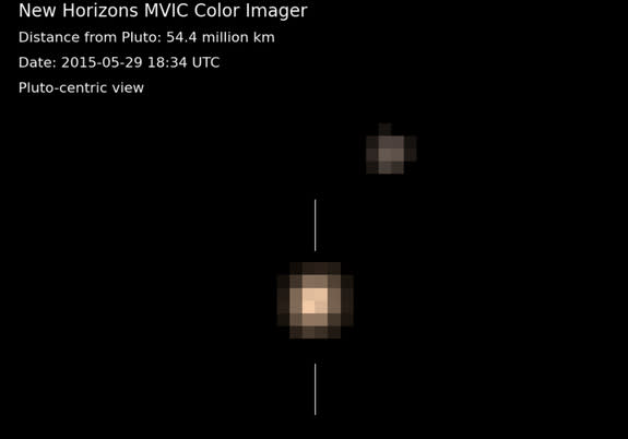 This color view of Pluto and its largest moon Charon show the pair in a Pluto-centric view as seen by NASA's New Horizons spacecraft during one of nine observations between May 29 and June 3, 2015. New Horizons will fly close by Pluto on July 1