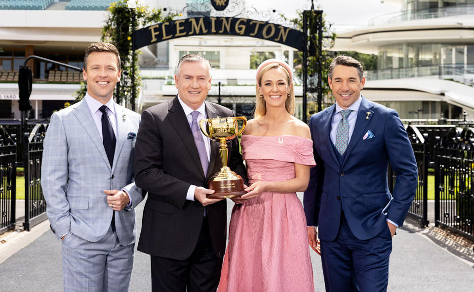 James Bracey, Eddie McGuire, Alicia Loxley and Billy Slater, pictured here posing with the Melbourne Cup.