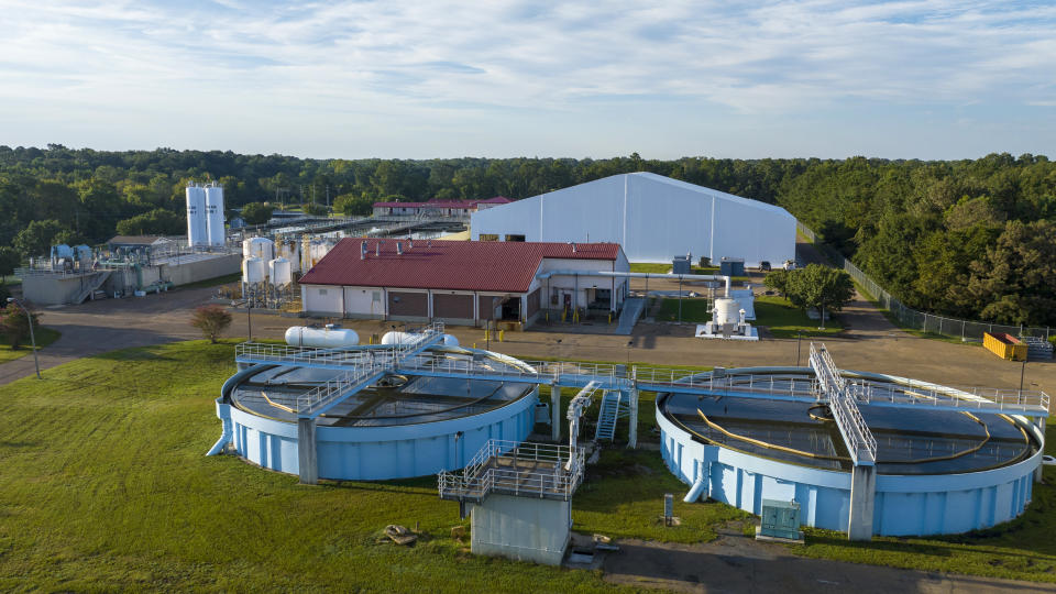 This is an aerial view of of the City of Jackson's O.B. Curtis Water Plant in Ridgeland, Miss., Thursday, Sept. 1, 2022. A recent flood worsened Jackson's longstanding water system problems. (AP Photo/Steve Helber)