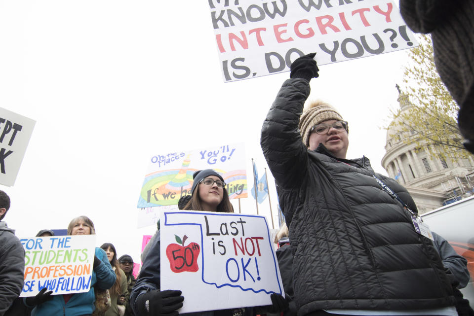 <p>Teachers rally at the state Capitol on April 2, 2018, in Oklahoma City. (Photo: J Pat Carter/Getty Images) </p>