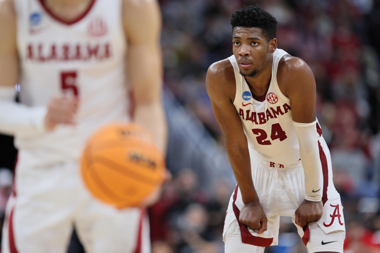 Alabama star Brandon Miller (24) has been surrounded by controversy for the last month, only to see the season come to a sudden end well short of expectations for the No. 1 overall seed in the NCAA tournament. (Photo by Andy Lyons/Getty Images)