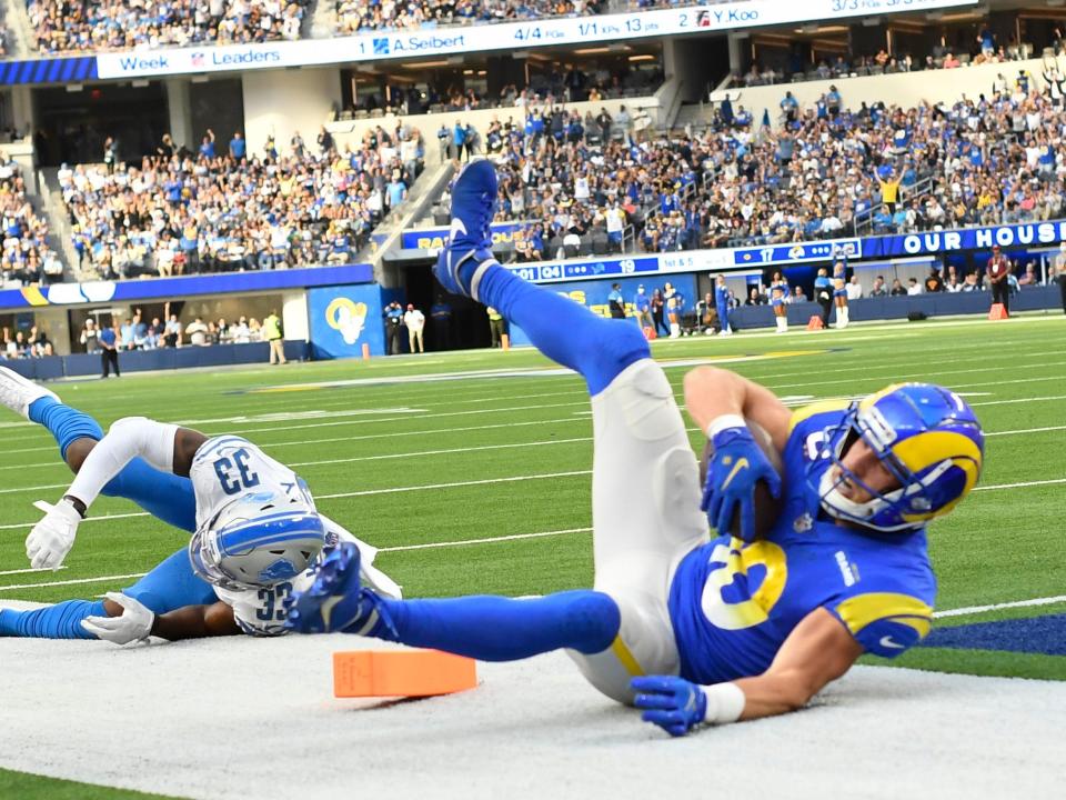 Cooper Kupp scores a touchdown against the Detroit Lions.