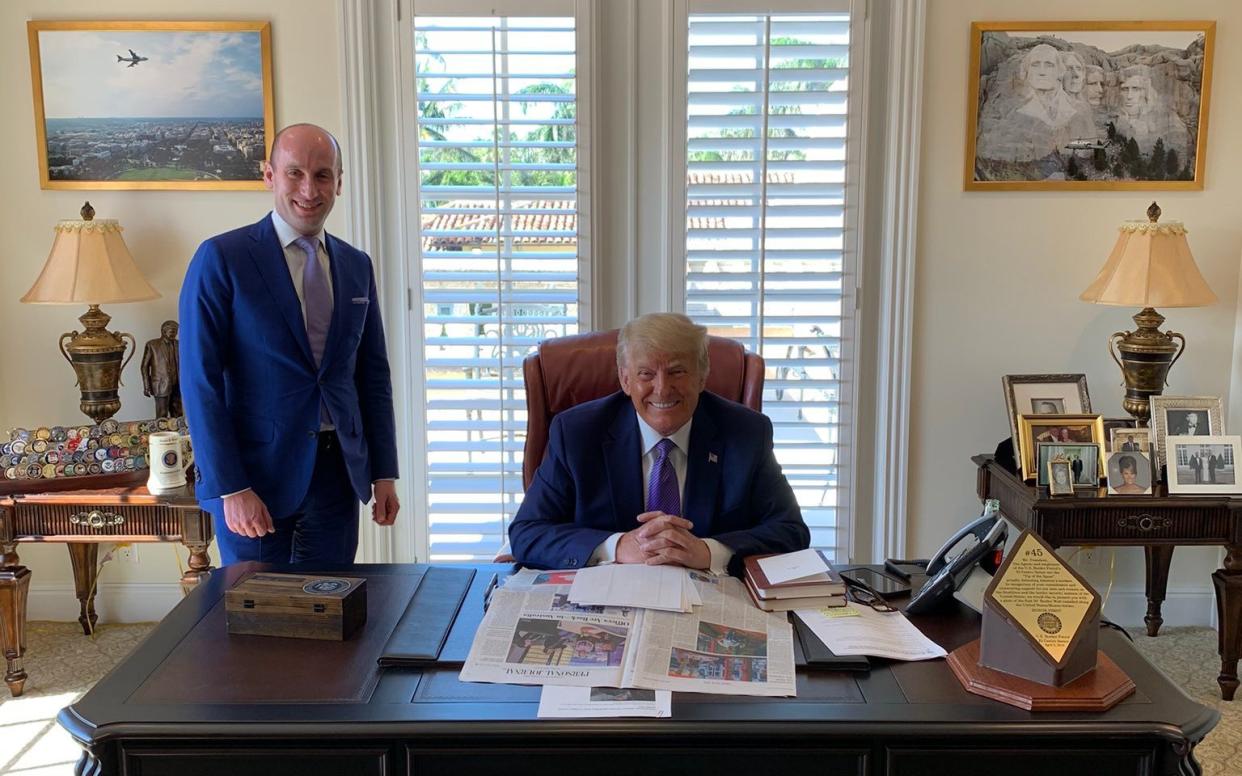 Donald Trump occupies his own version of the White House’s famous Resolute Desk at his Mar-a-Lago resort