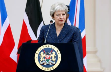 FILE PHOTO: Britain's Prime Minister Theresa May addresses a joint news conference with Kenya's President Uhuru Kenyatta at the State House in Nairobi, Kenya August 30, 2018. REUTERS/Baz Ratner