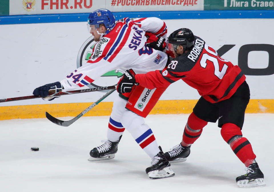 <p>The Calgary, Alberta, native (right) is currently playing for CSKA Moscow in the Kontinental Hockey League. He was not drafted in the NHL, but has played several seasons in both the KHL as well as the Swedish Elite League. </p>