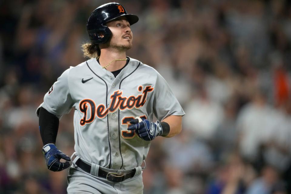 Detroit Tigers' Zach McKinstry heads up the first base line after connecting for a three-run home run against Colorado Rockies relief pitcher Pierce Johnson in the 10th inning at Coors Field in Denver on Saturday, July 1, 2023, in Denver.