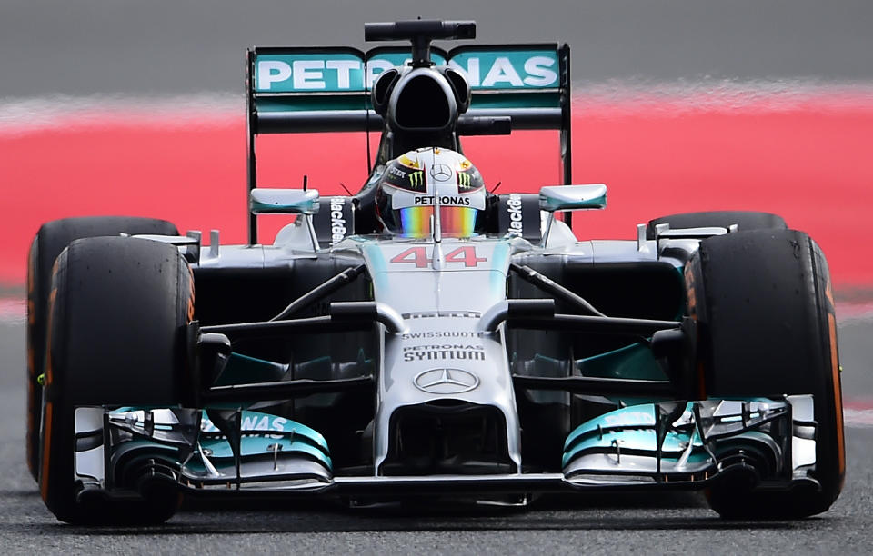 Mercedes driver Lewis Hamilton of Britain steers his car during the third free practice ahead of the Spain Formula One Grand Prix at the Barcelona Catalunya racetrack in Montmelo, near Barcelona, Spain, Saturday, May 10, 2014. (AP Photo/Manu Fernandez)