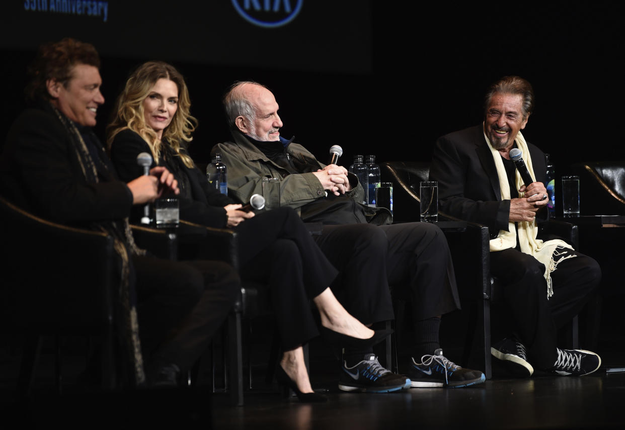 Actor Steven Bauer, actress Michelle Pfeiffer, director Brian De Palma, and actor Al Pacino attend a 35th anniversary screening of <em>Scarface</em> at the Beacon Theatre as part of the 2018 Tribeca Film Festival in New York on April 19. (Photo by Evan Agostini/Invision/AP)