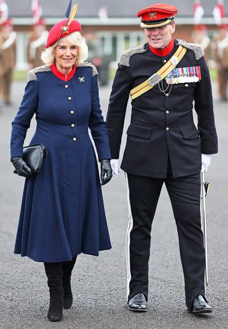 <p>Chris Jackson/WPA Pool/Getty</p> Queen Camilla visits The Royal Lancers on April 22, 2024 in Catterick, England.