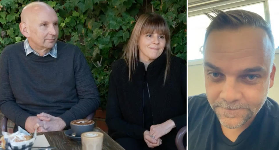 Bec and Peter Murray sitting behind a table with coffee and a muffin on it (left). Peter Williams pursed his lips while speaking about the fiasco (right). 