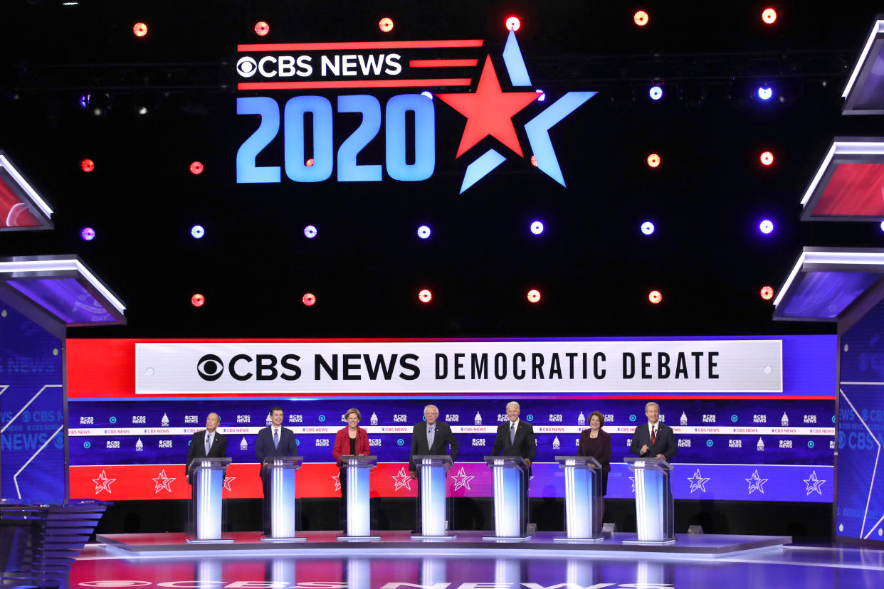 From left, Michael Bloomberg, Pete Buttigieg, Elizabeth Warren, Bernie Sanders, Joe Biden, Amy Klobuchar and Tom Steyer 