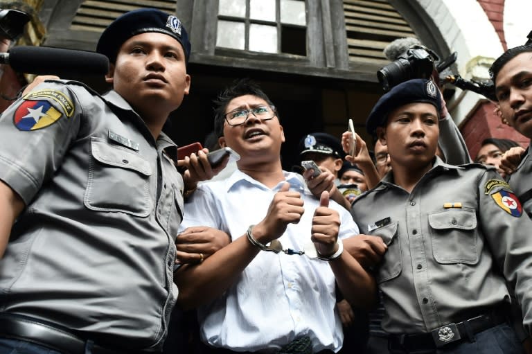 Reporters Wa Lone, pictured, and Kyaw Soe Oo, were arrested in Yangon in December 2017 and later sentenced to seven years in jail for violating the state secrets act, a charge supporters say is trumped up