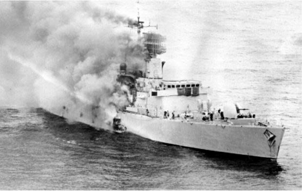 Daily Echo: HMS Sheffield caught fire after being hit by an Exocet missile during the Falklands conflict.