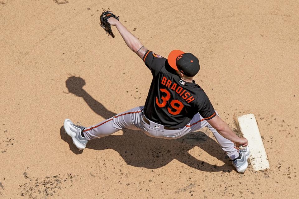 Baltimore Orioles starting pitcher Kyle Bradish throws during the first inning of a baseball game against the Milwaukee Brewers Thursday, June 8, 2023, in Milwaukee. (AP Photo/Morry Gash)