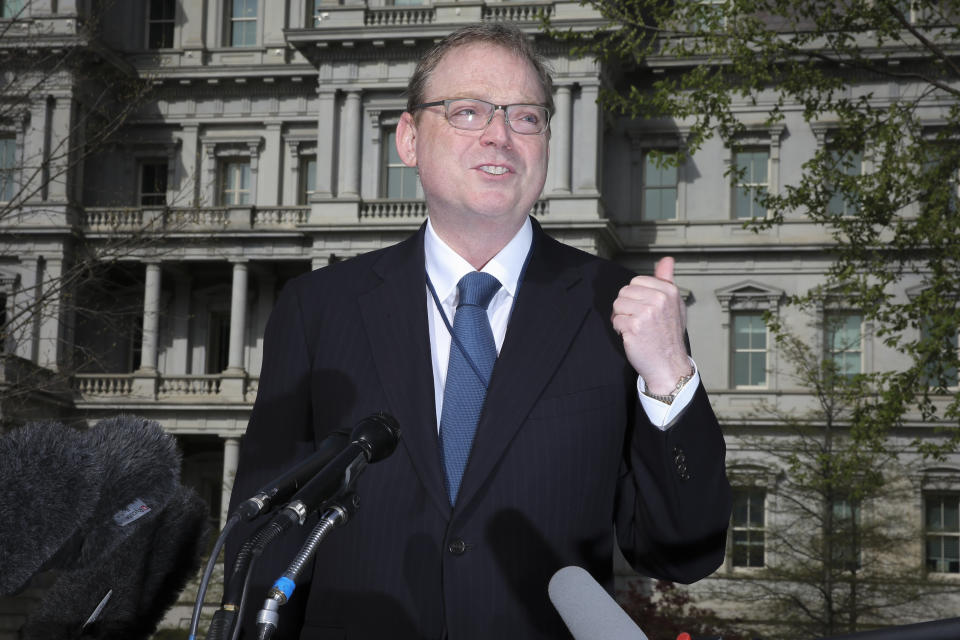 WASHINGTON, DC - APRIL 11: Chair of the White House Council of Economic Advisors, Kevin Hassett talks to reporters at the White House on April 11, 2019 in Washington, DC.
(Photo by Oliver Contreras/For The Washington Post via Getty Images)