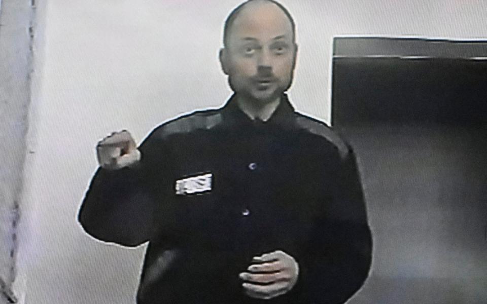 Vladimir Kara-Murza appears in court with a video link from his prison in February