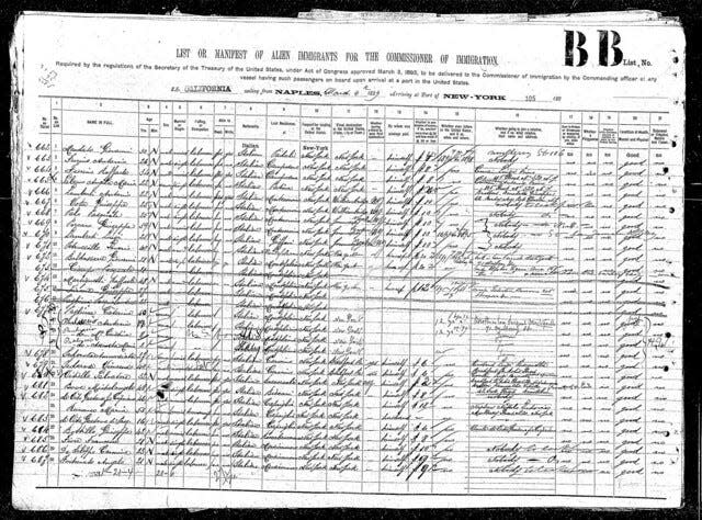 A ship's manifest record for incoming immigrants