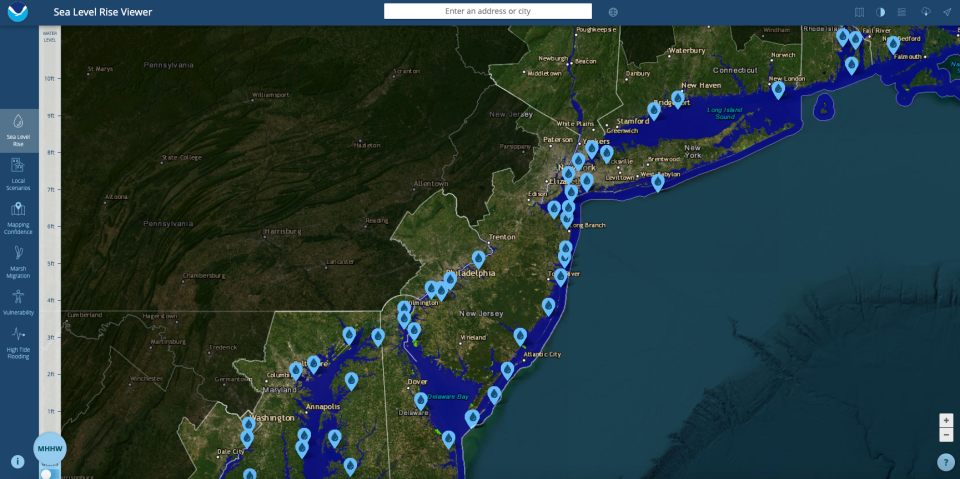 NOAA's "Sea Level Rise Viewer" shows communities at risk of flooding in years to come, as rising oceans and rivers inundate the state's low-lying communities.