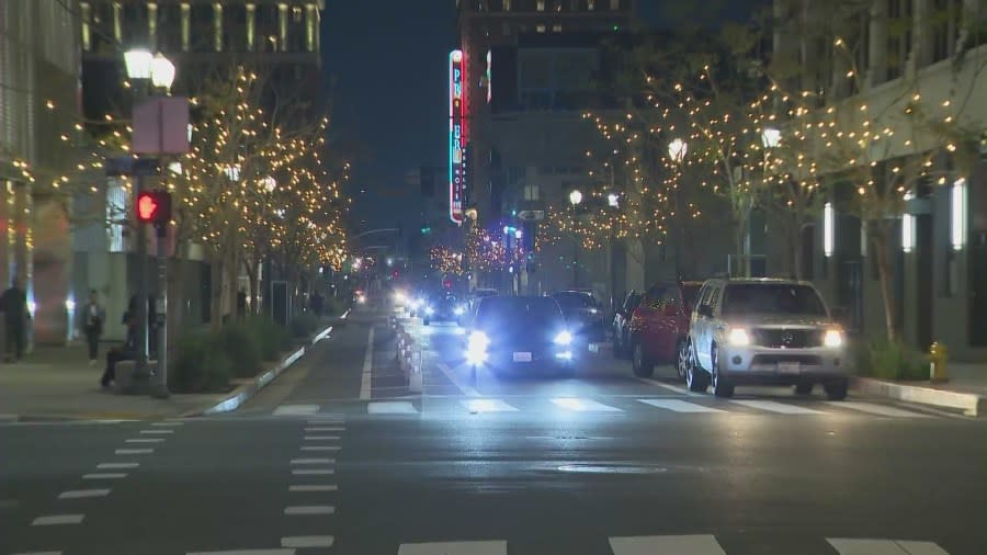 The string of lights are seen on 11th street. Business owners and city officials are hoping that the addition will help welcome more people to the area. They were first lit up on April 8, 2024. (KTLA)
