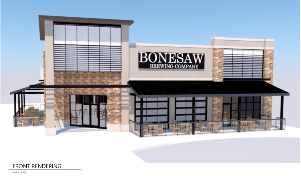 An exterior rendering of proposed Bonesaw Brewing Company at Freehold Raceway Mall.