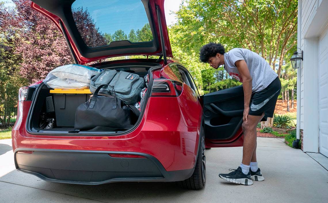 Jarin Stevenson packs his car for the trip to Tuscaloosa, Ala., on Wednesday, June 28, 2023 at his home in Chapel Hill, N.C. One week ago Stevenson, one of the top high school basketball players in North Carolina announced he was reclassifying and committed to play for the University of Alabama.