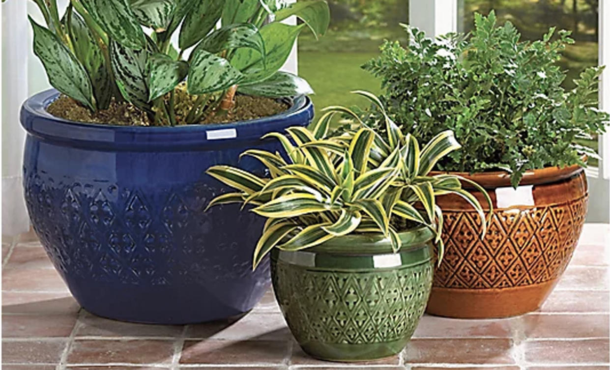 Trio of assorted sized glazed outdoor planters