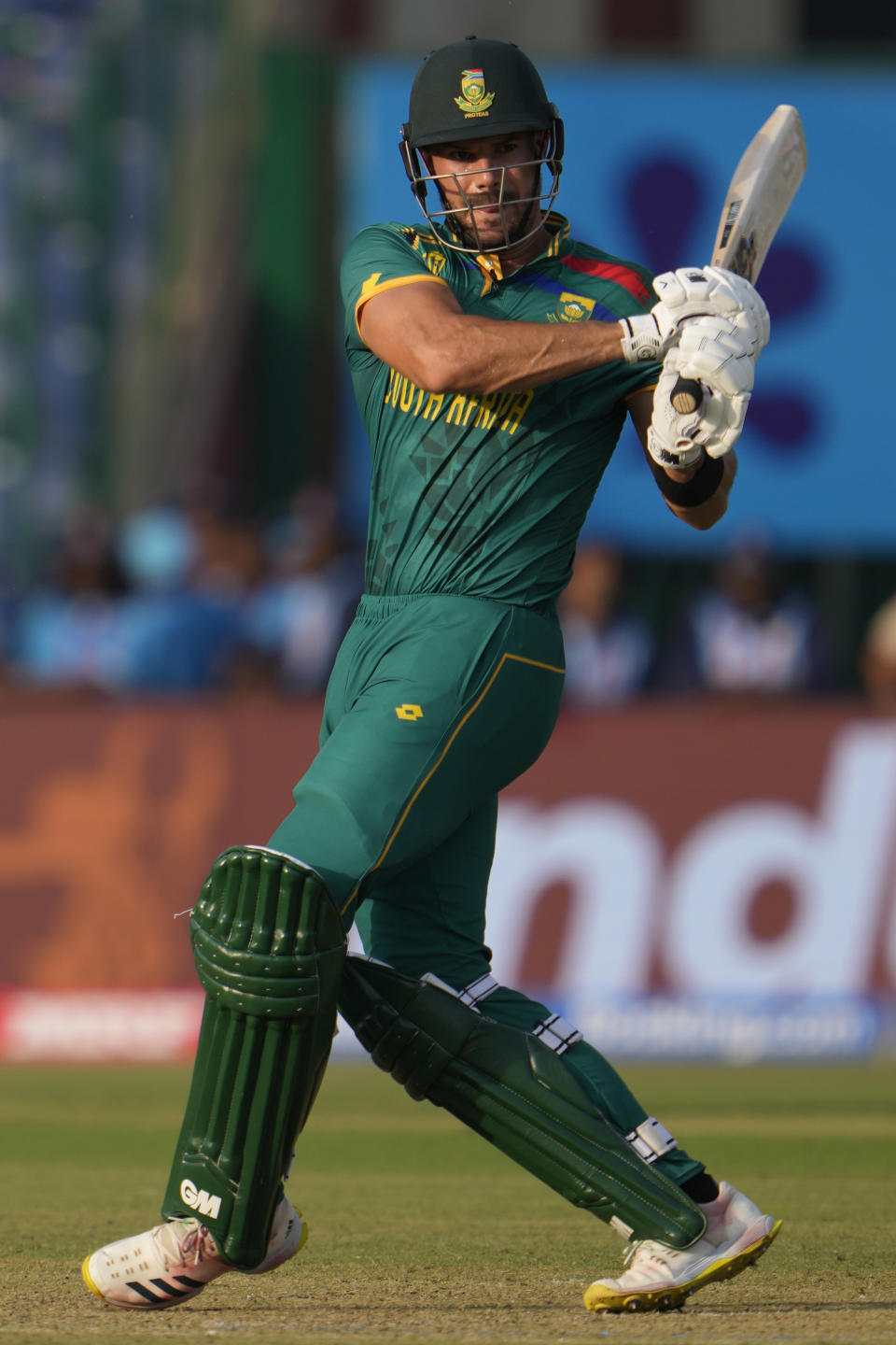 South Africa's Aiden Markram hits a four during the ICC Cricket World Cup match between South Africa and Sri Lanka in New Delhi, India, Saturday, Oct. 7, 2023. (AP Photo/Altaf Qadri )