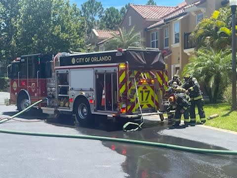 A pickup truck with pool chemicals catches fire in Orlando.