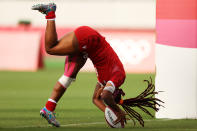 <p>CHOFU, JAPAN - JULY 30: Charity Williams of Team Canada scores a try in the Womenâs Placing 9-12 match between Team Canada and Team Brazil during the Rugby Sevens on day seven of the Tokyo 2020 Olympic Games at Tokyo Stadium on July 30, 2021 in Chofu, Tokyo, Japan. (Photo by Dan Mullan/Getty Images)</p> 