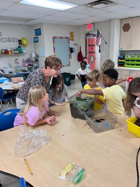 Miah, Ellie, Teddy and Tylan are showing Assistant Head of School Alyssa Nugent their worm farm after feeding.