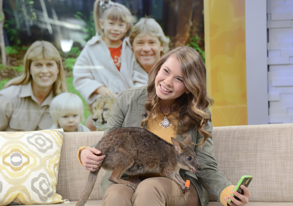 GOOD MORNING AMERICA - Bindi Irwin and her family bring along some animals from SeaWorld in Orlando, FL, to GOOD MORNING AMERICA, 3/6/14, airing on the Walt Disney Television via Getty Images Television Network.   (Photo by Ida Mae Astute/Disney General Entertainment Content via Getty Images)  BINDI IRWIN, WALLABY