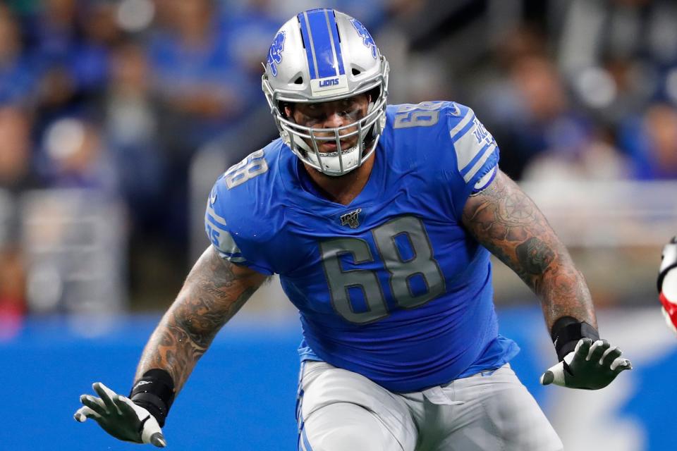 Detroit Lions offensive tackle Taylor Decker plays against the New York Giants during an NFL football game in Detroit, Sunday, Oct. 27, 2019. (AP Photo/Paul Sancya)