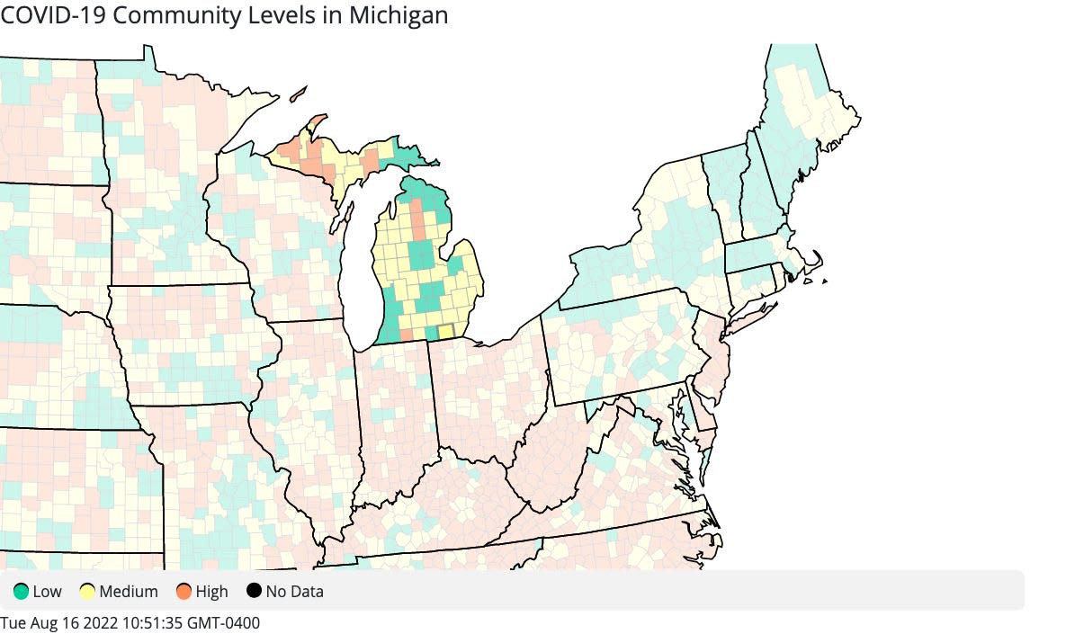 Lenawee County's community COVID-19 level remained at medium as of Aug. 11, according to the Centers for Disease Control and Prevention. Counties in the medium level are marked in yellow on the map. Low community COVID is marked in green, and high is in orange.