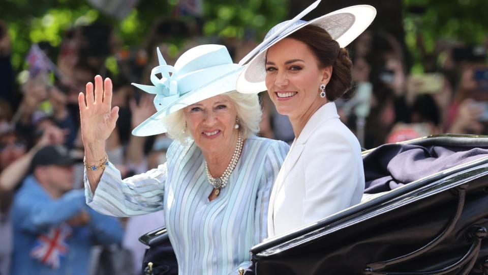 Queen Camilla, Kate Middleto seen at Trooping The Colour on June 02, 2022.