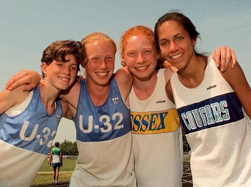 This group of high school runners teamed up for a relay team at the 1998 Vermont City Marathon. From left to right are: Tara Chaplin and Kelly Joy from U-32 High School ; Megan Malgeri of Essex and Erin Sullivan of Mt. Mansfield Union.