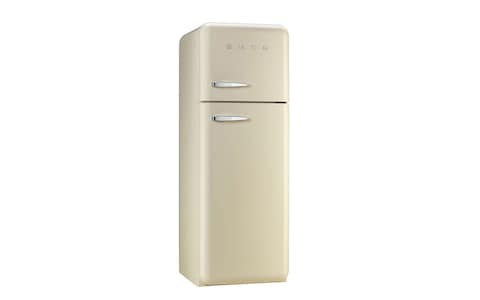 Smeg retro cream fridge freezer 70/30 combo with silver horizontal handles and silver Smeg sign 
