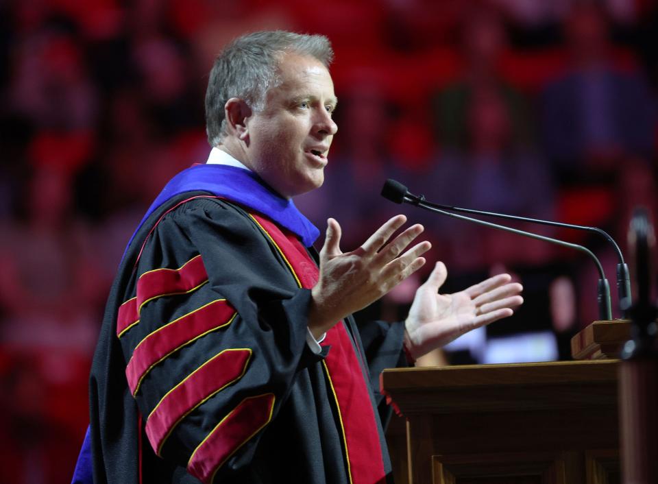 President Taylor Randall speaks during the University of Utah’s commencement in Salt Lake City on Thursday, May 4, 2023. With 8,723 graduates, it is the largest group of graduates in the school’s history. | Jeffrey D. Allred, Deseret News