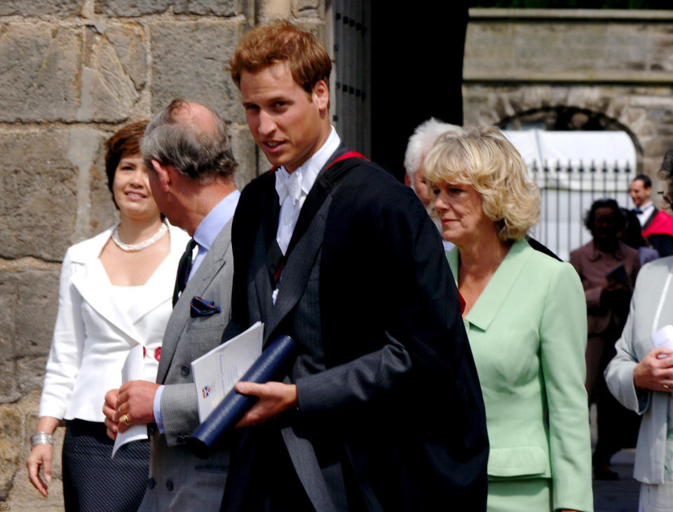 FIFE, SCOTLAND - JUNE 23: Prince William with his father, Prince Charles, and the Duchess of Cornwall leave William's  graduation ceremony at the University Of St Andrews on June 15, 2005 in St Andrew's, Scotland. The Prince  receives his 2:1 Master Of Arts (Honours) Degree in Geography at Scotland's oldest university, marking the end of his university education. (Photo by Anwar Hussein )  