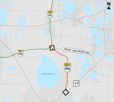 A map of the Central Polk Parkway's first segment, which is officially under construction.