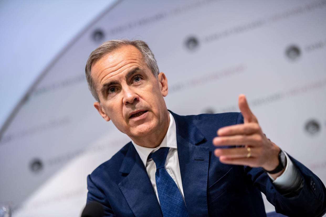 LONDON, ENGLAND - AUGUST 01: Mark Carney, governor of the Bank of England (BOE), speaks at the bank's quarterly inflation report news conference in the City of London on Augst 1, 2019 in London, England. . The BOE downgraded its growth forecast for this year and next, and warned that a recession is still possible even in the event of a smooth Brexit. (Photo by Chris J Ratcliffe/Getty Images)