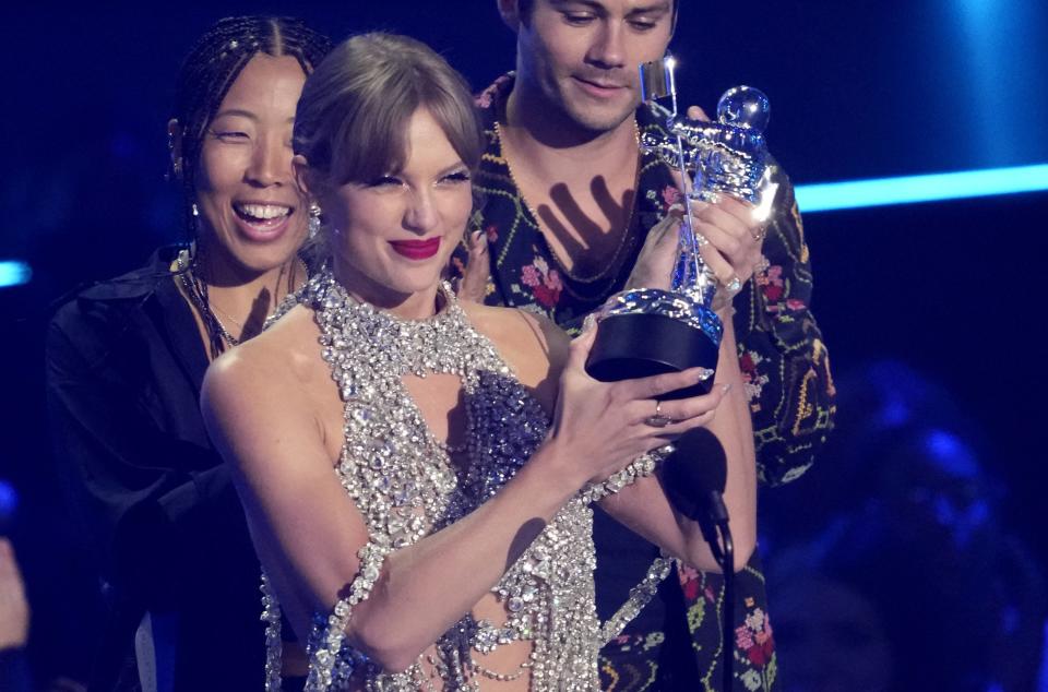 Taylor Swift accepts the award for best longform video for “All Too Well (10 Minute Version) (Taylor’s Version)” at the MTV Video Music Awards at the Prudential Center on Sunday, Aug. 28, 2022, in Newark, N.J. | Charles Sykes, Invision, Associated Press