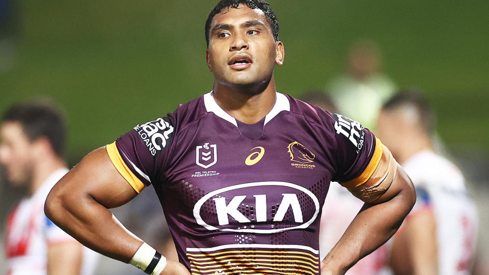 Tevita Pangai-Junior, pictured here in action for the Broncos against the Dragons.