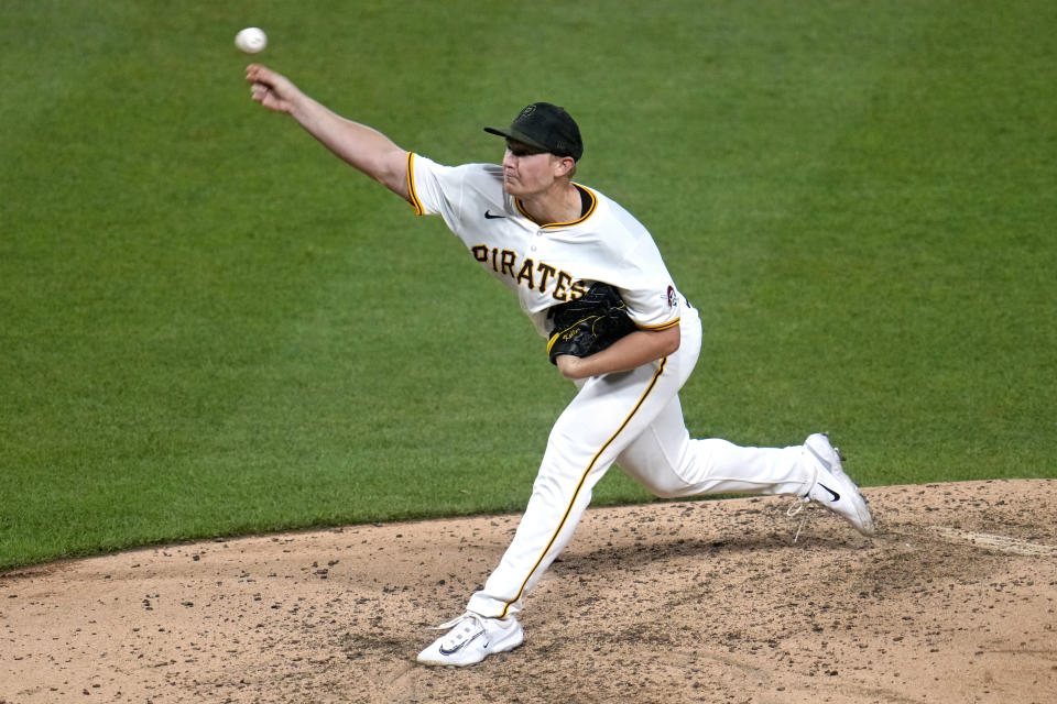 Pittsburgh Pirates starting pitcher Mitch Keller delivers during the ninth inning of a baseball game against the Los Angeles Angels in Pittsburgh, Monday, May 6, 2024. Keller pitched a complete game win over the Angels. (AP Photo/Gene J. Puskar)