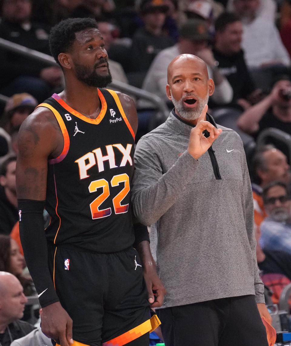 Nov 4, 2022; Phoenix, AZ, USA; Phoenix Suns head coach Monty Williams talks to center Deandre Ayton (22) as they take on the Portland Trail Blazers at Footprint Center. Mandatory Credit: Joe Rondone-Arizona Republic