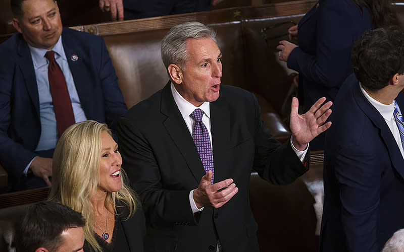 Rep. Kevin McCarthy (R-Calif.) reacts to a vote to adjourn during the second day of the 118th session of Congress on Jan. 4. <em>Greg Nash</em>