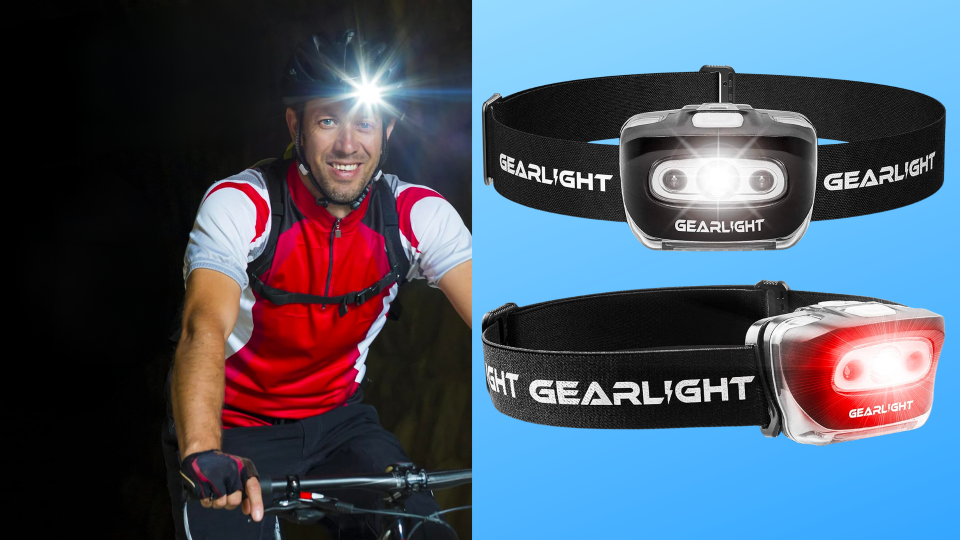 Biker using headlamp; pair of headlamps on blue background